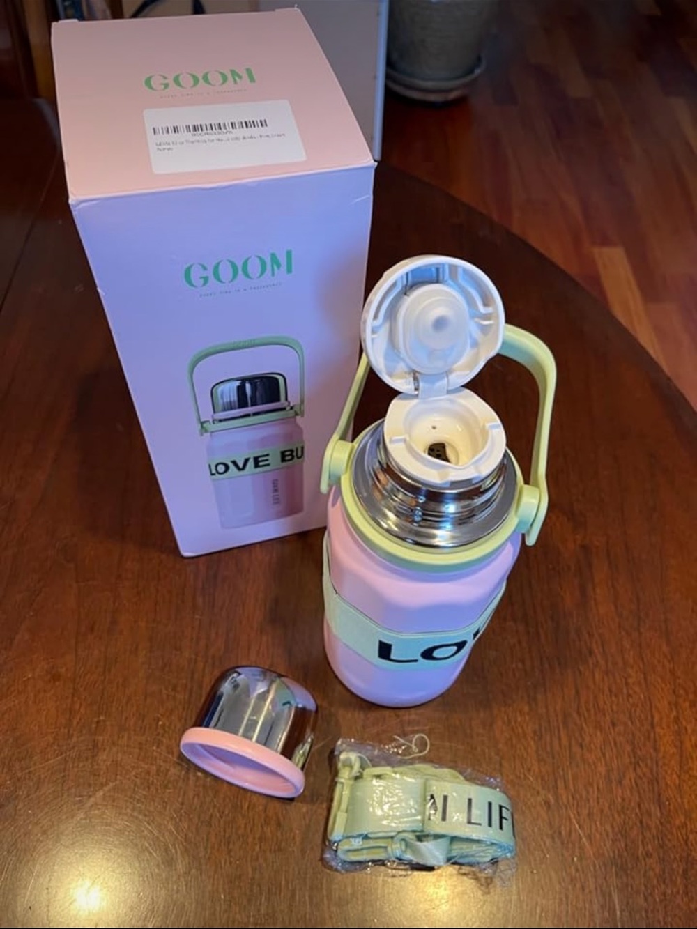 GOOM 32oz Thermos Pink Water Bottle, Stainless Steel, No Leak, Strap Love Bullet - Picture 13 of 16